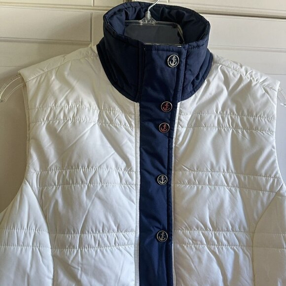 Nautica Puffer Vest Womens Medium Ivory Blue Anchor Buttons Layering - Picture 4 of 10